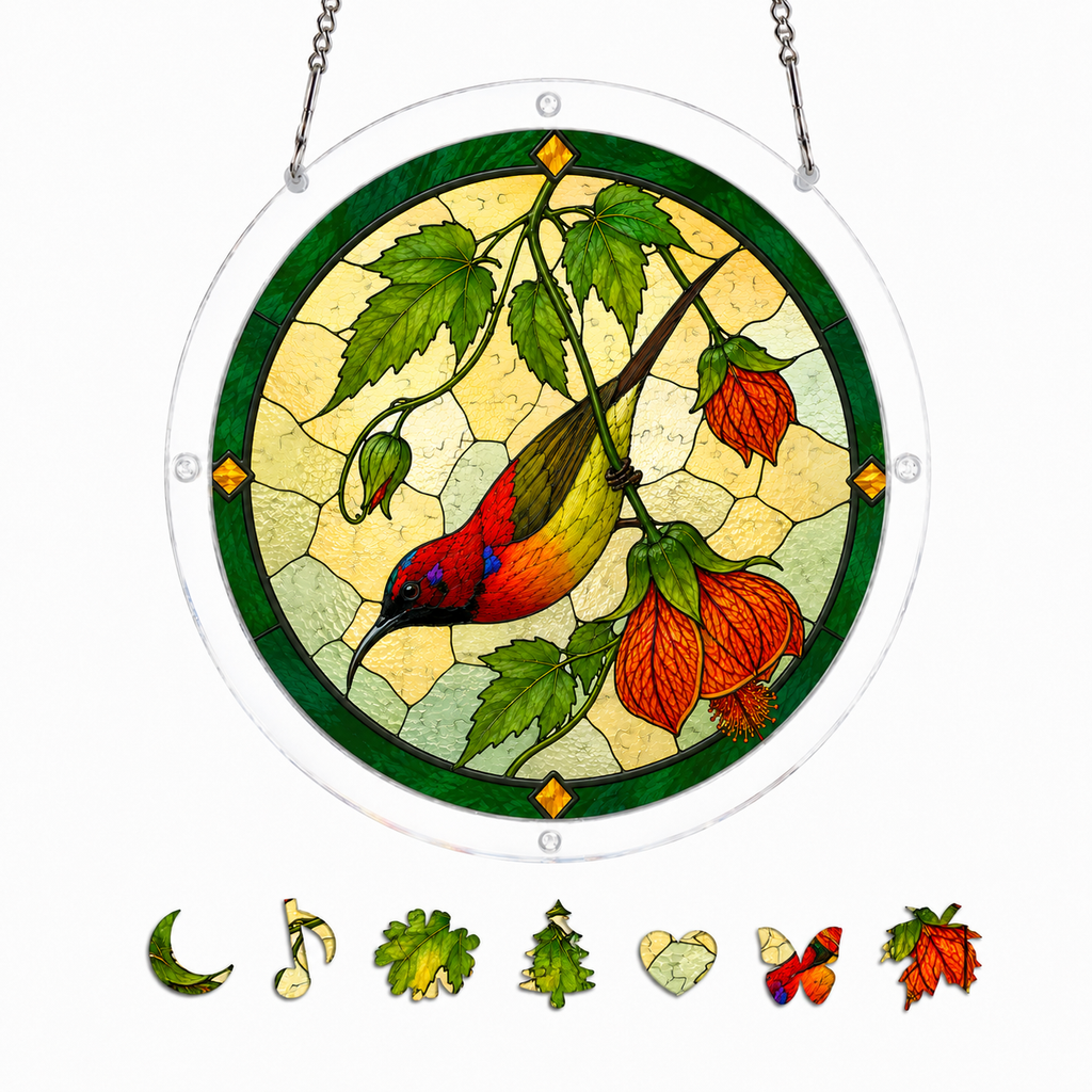 Crimson Sunbird Flower Acrylic Puzzle Suncatcher