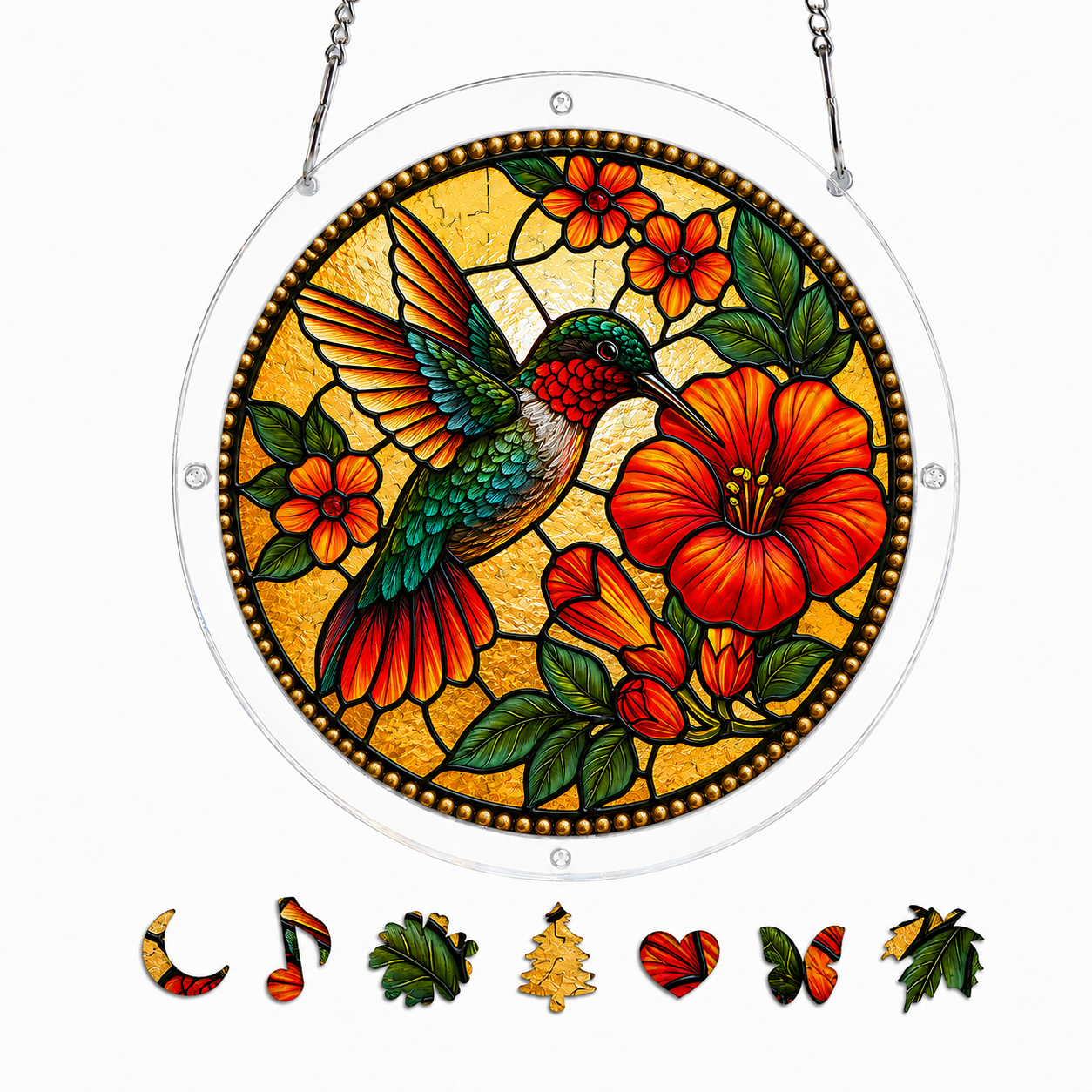 Red Hibiscus Hummingbird Puzzle Suncatcher