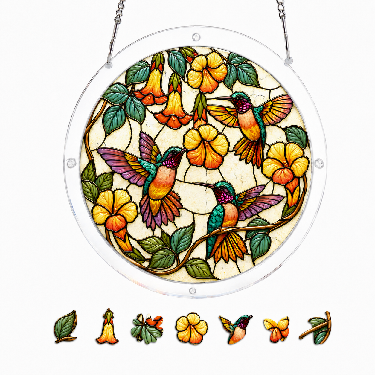 Three Hummingbirds Yellow Flower Acrylic Jigsaw Puzzle Suncatcher