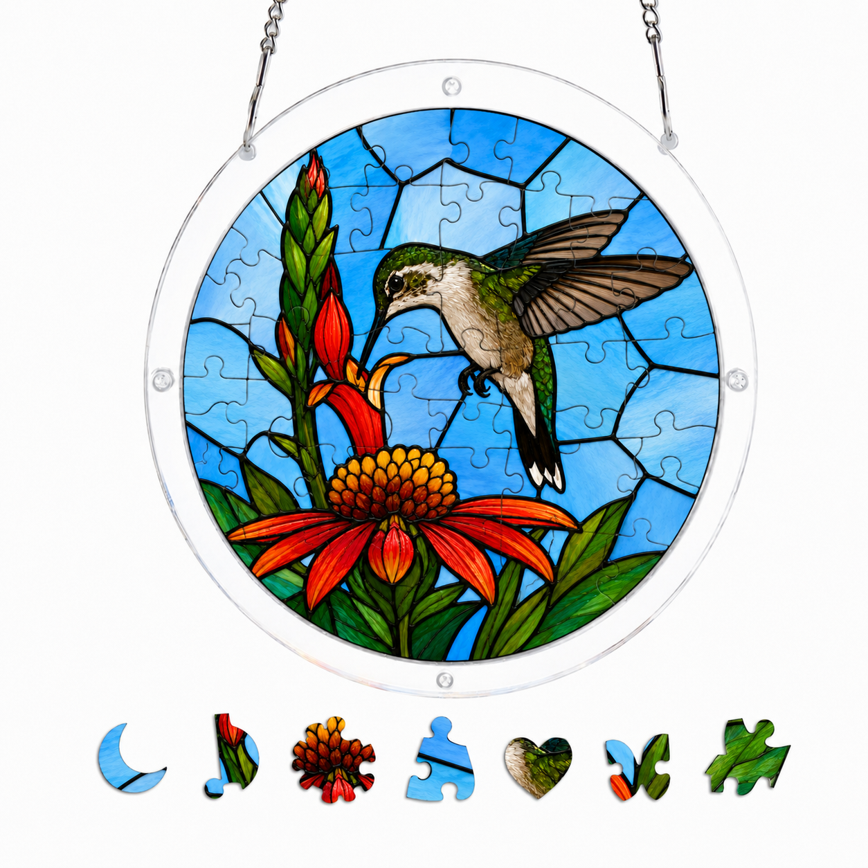 Pink Flower Hummingbird Puzzle Suncatcher