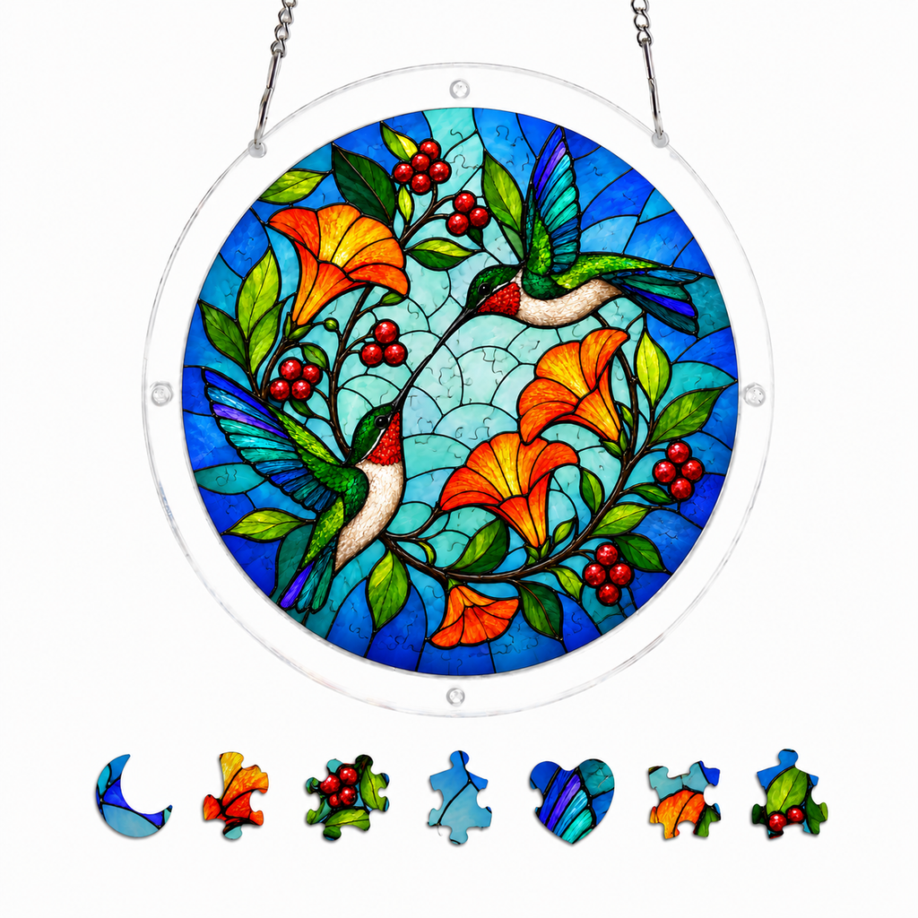 Sunlit Hummingbird Family Trumpet Vine Acrylic Puzzle Suncatcher