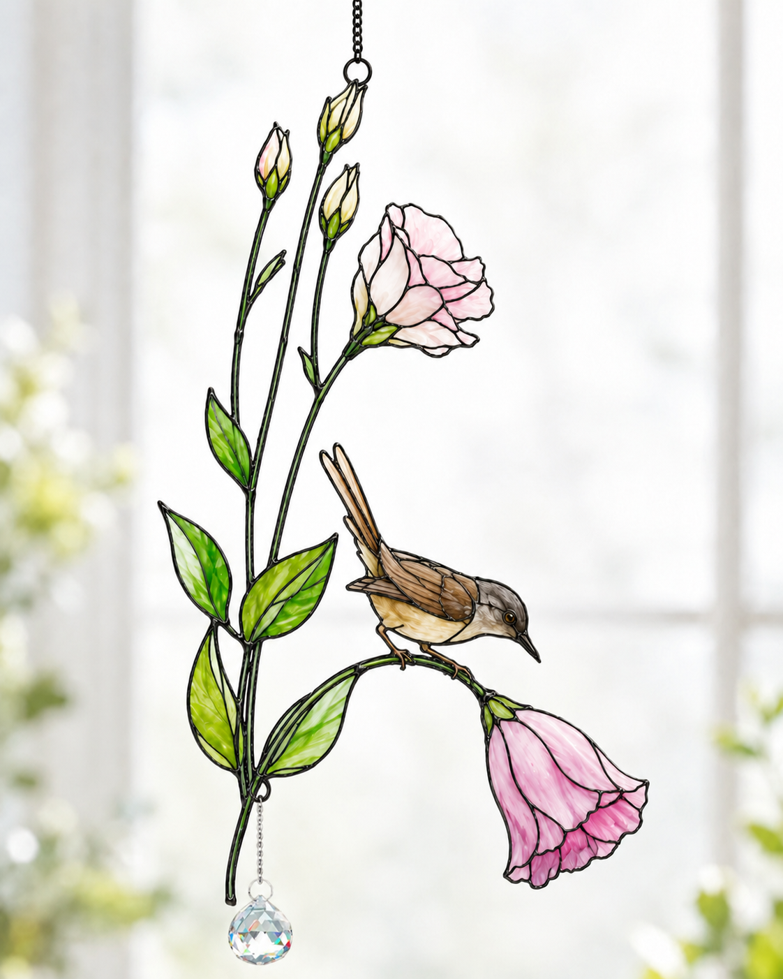Wren & Pink Lisianthus Holographic Acrylic Suncatcher