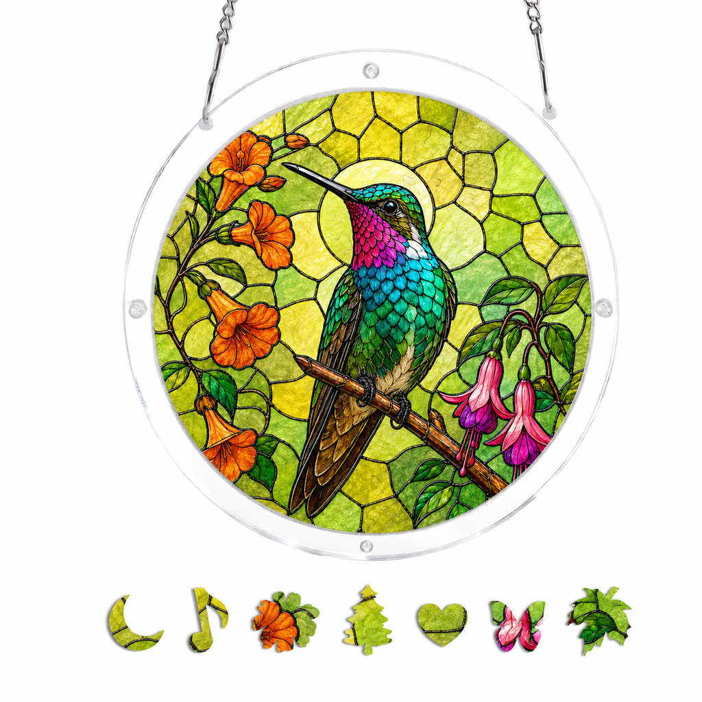 Hummingbird Red Bellflower Acrylic Jigsaw Puzzle Suncatcher