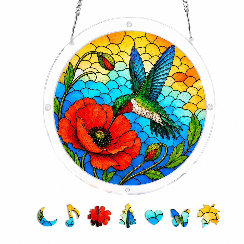 Blue Wing Hummingbird Poppy Flower Acrylic Puzzle Suncatcher