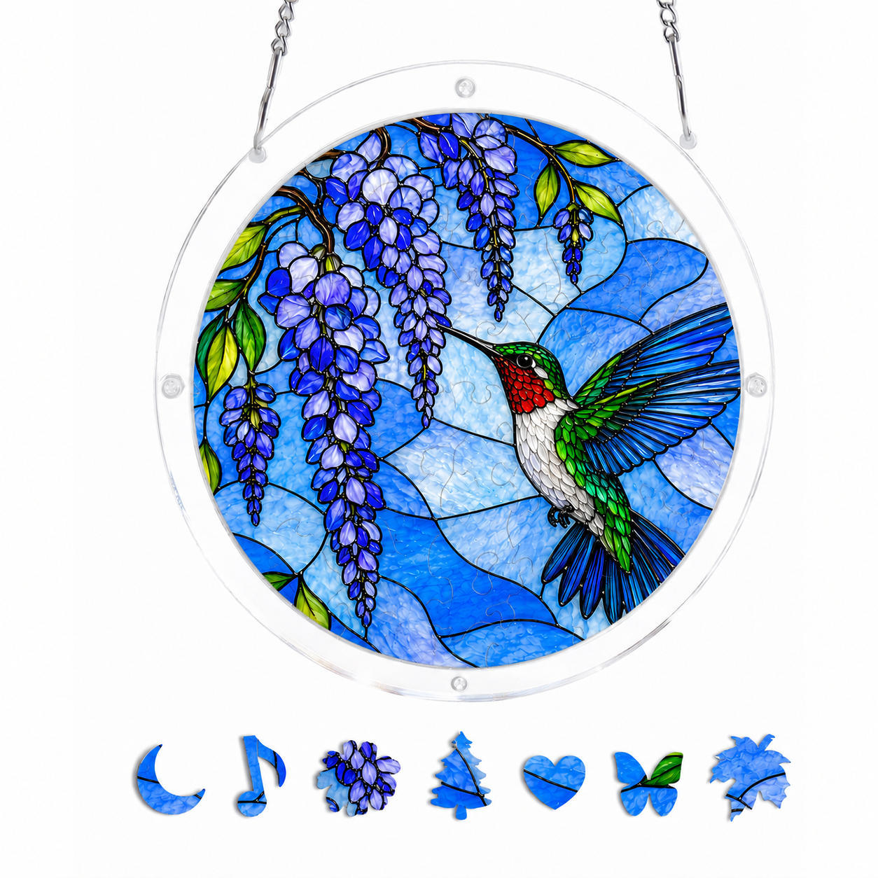 Blue Wisteria Hummingbird Acrylic Puzzle Suncatcher