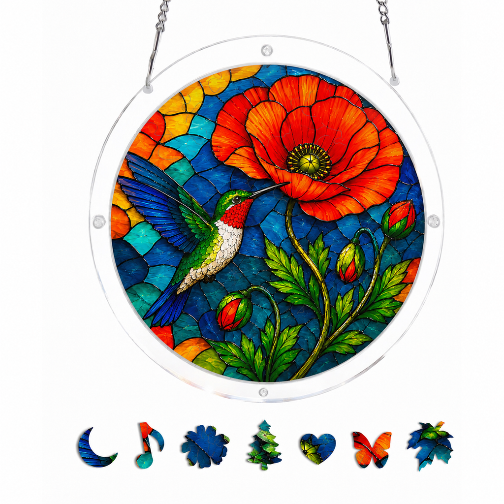 Ruby Throat Hummingbird Poppy Bloom Acrylic Puzzle Suncatcher
