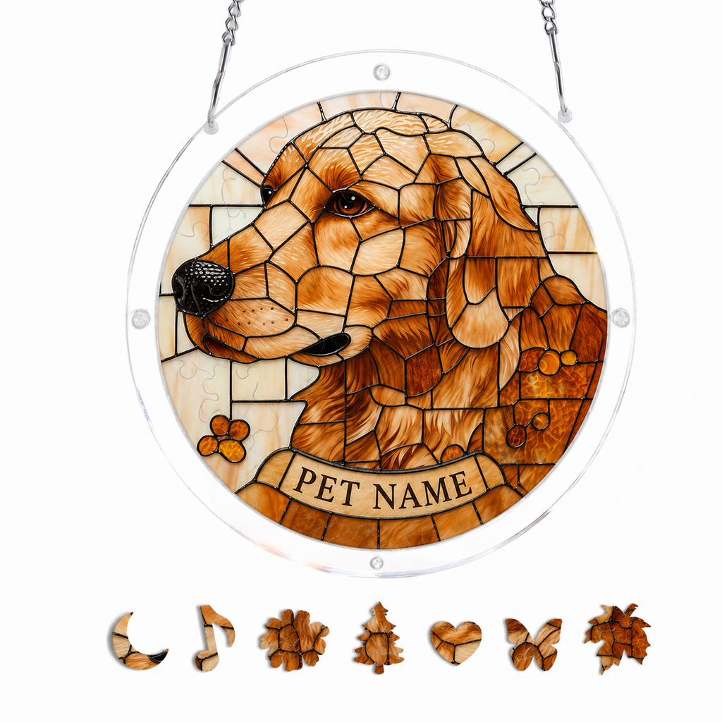 Personalized Dog Memorial Acrylic Puzzle Suncatcher – Golden Mosaic Portrait