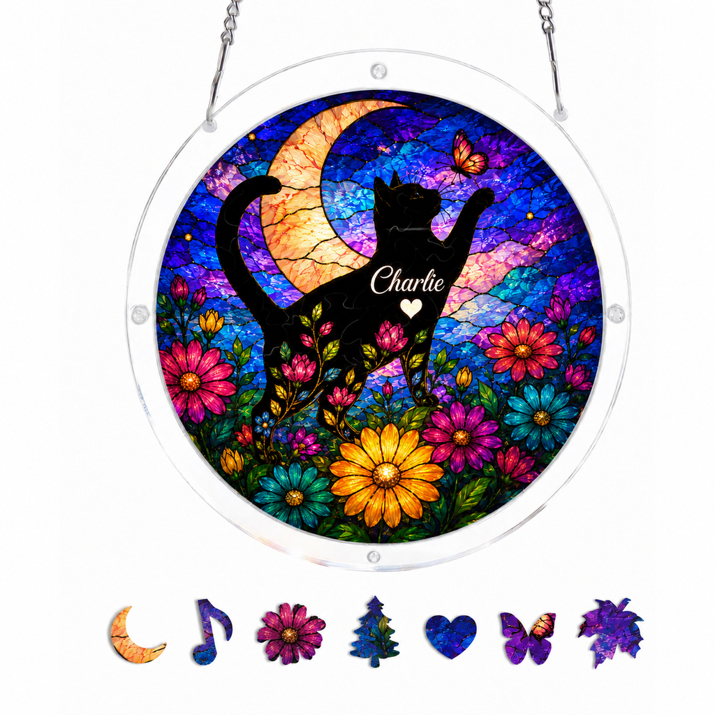 Personalized Cat Memorial Acrylic Puzzle Suncatcher – Moon & Flowers