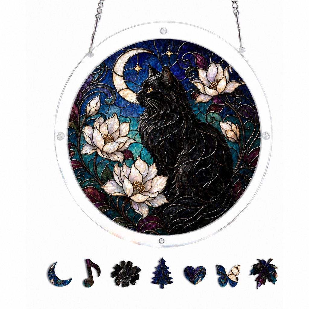Personalized Black Cat Memorial Acrylic Puzzle Suncatcher – Lotus & Moon