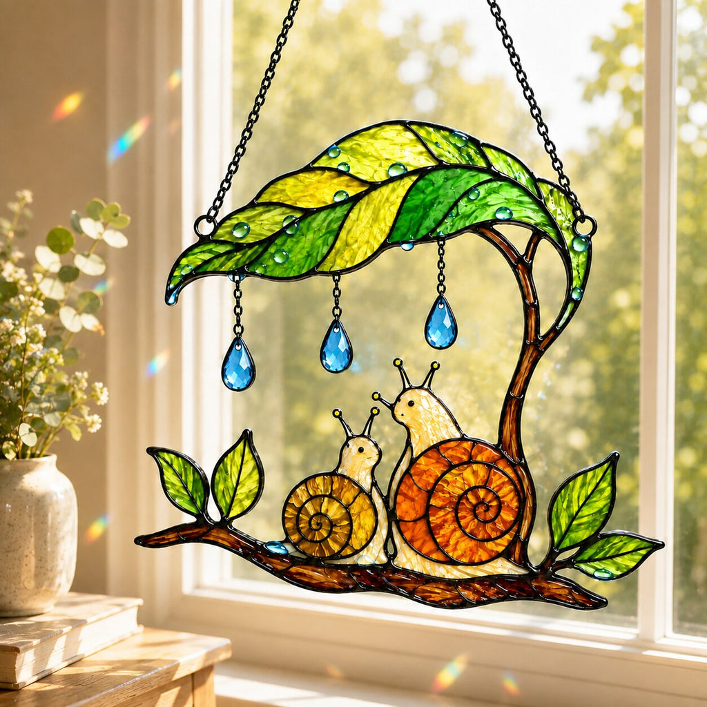 Mama & Baby Snail Leaf Umbrella Holographic Acrylic Suncatcher