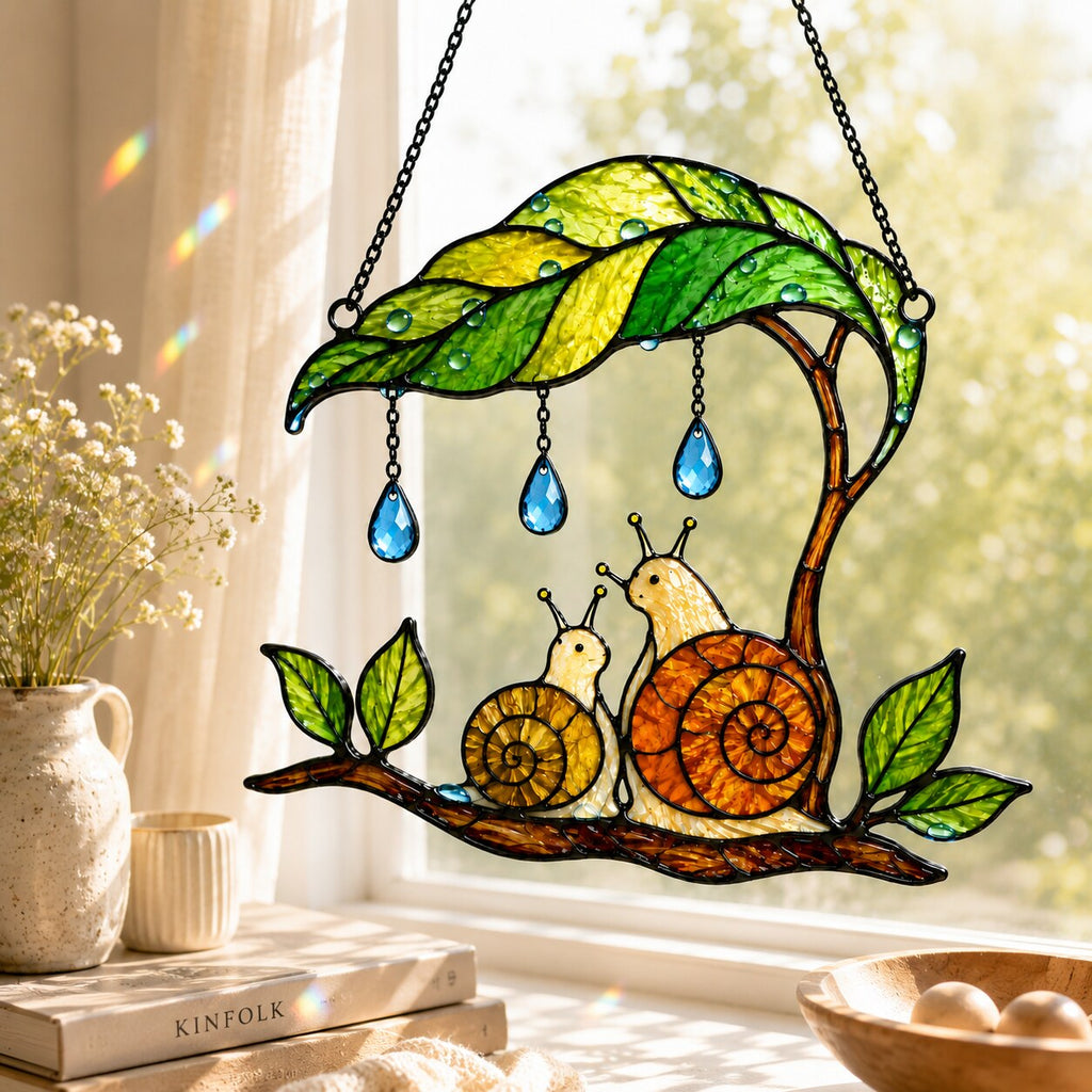 Mama & Baby Snail Leaf Umbrella Holographic Acrylic Suncatcher