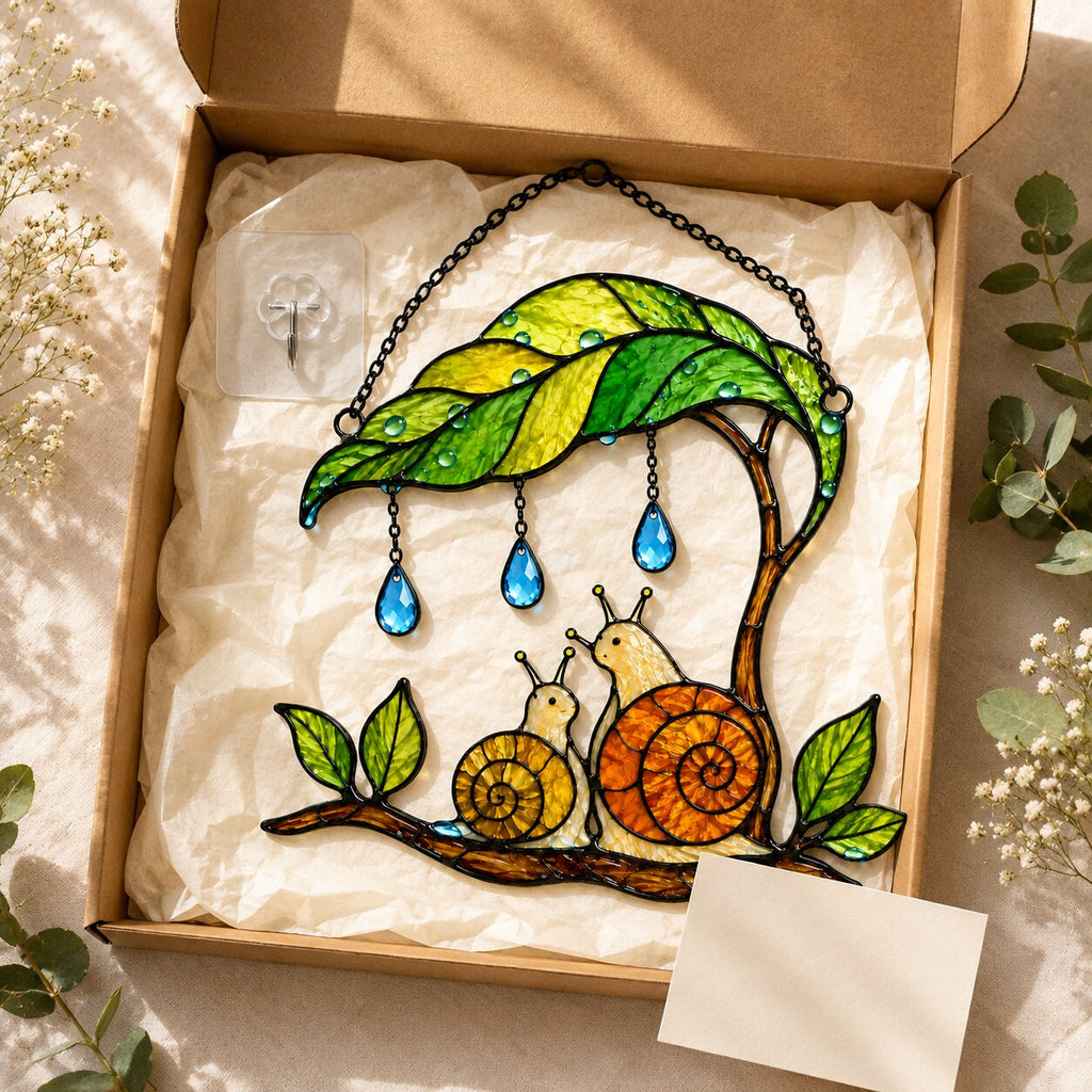 Mama & Baby Snail Leaf Umbrella Holographic Acrylic Suncatcher