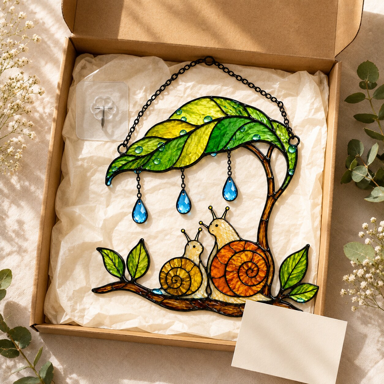 Mama & Baby Snail Leaf Umbrella Holographic Acrylic Suncatcher