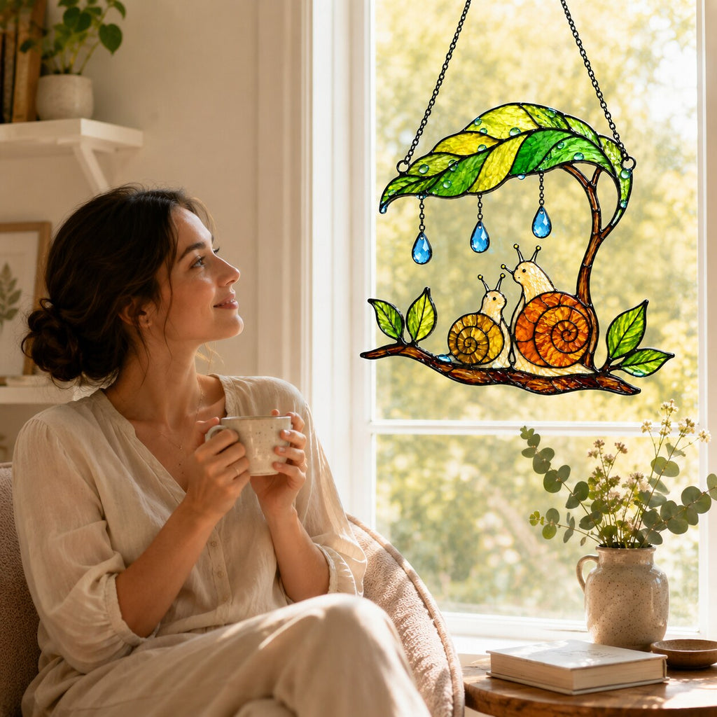 Mama & Baby Snail Leaf Umbrella Holographic Acrylic Suncatcher