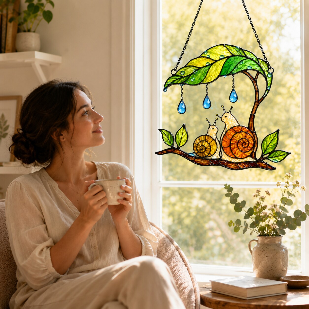 Mama & Baby Snail Leaf Umbrella Holographic Acrylic Suncatcher