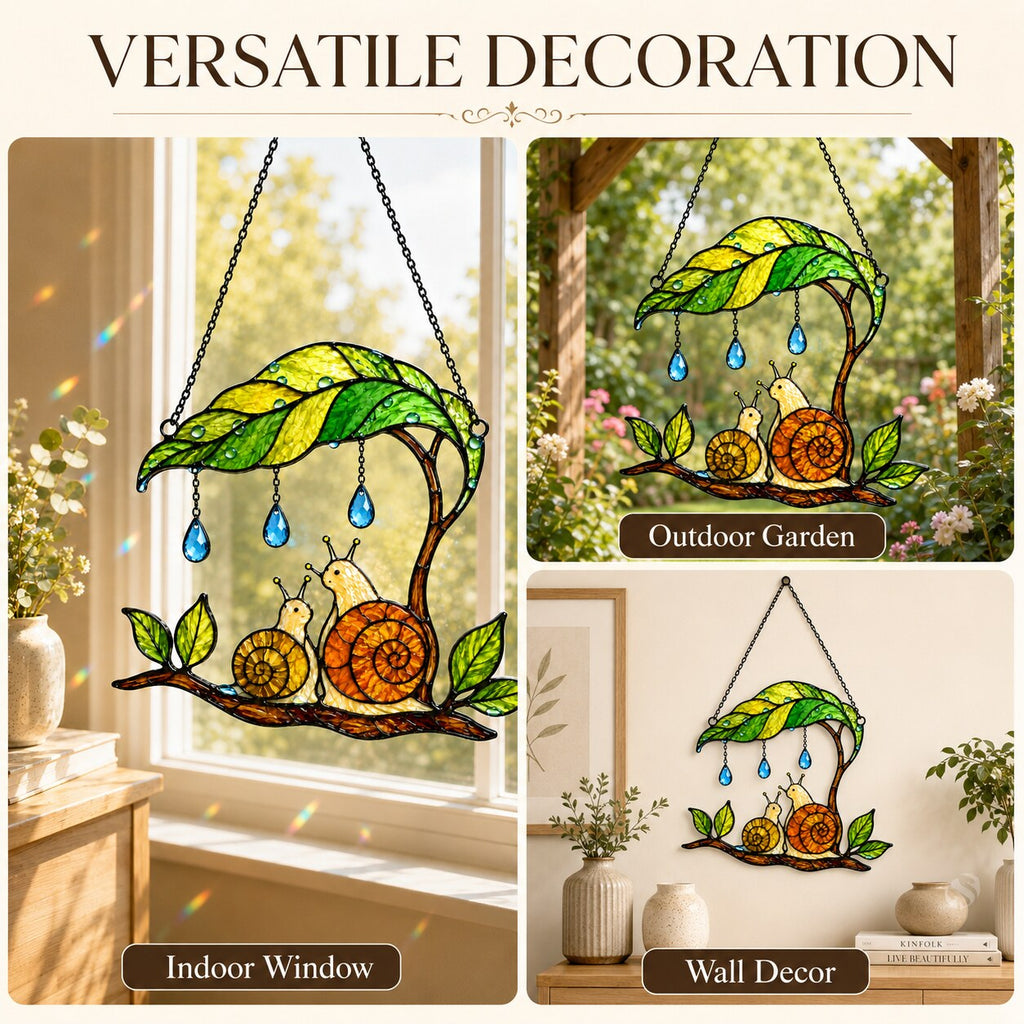Mama & Baby Snail Leaf Umbrella Holographic Acrylic Suncatcher