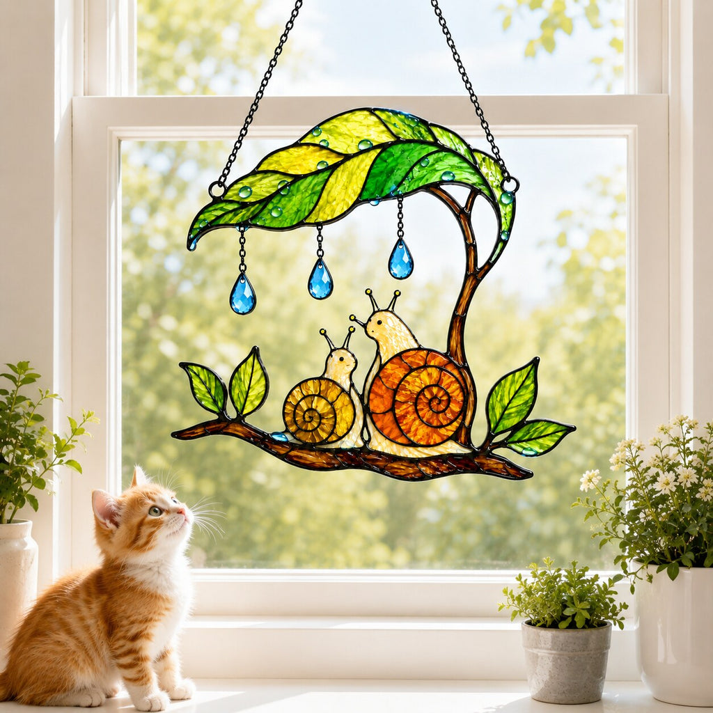 Mama & Baby Snail Leaf Umbrella Holographic Acrylic Suncatcher