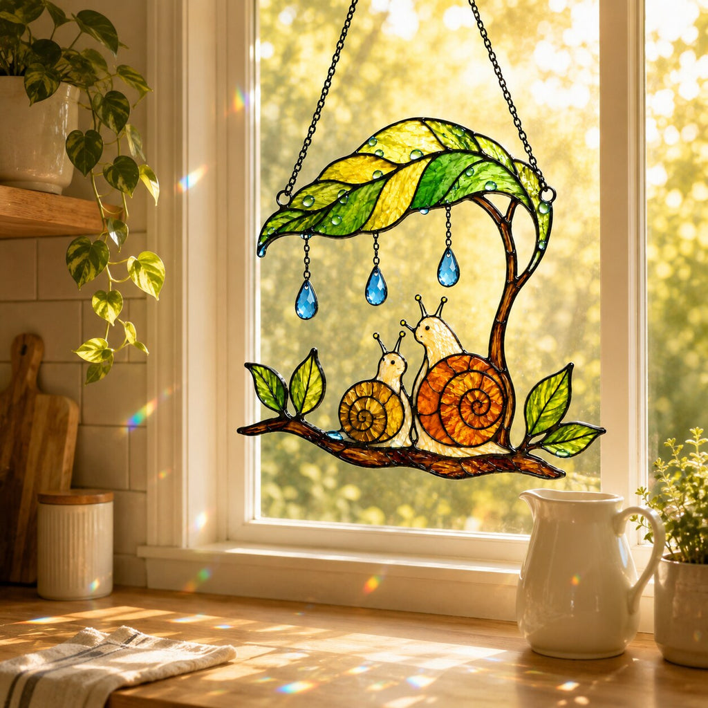 Mama & Baby Snail Leaf Umbrella Holographic Acrylic Suncatcher