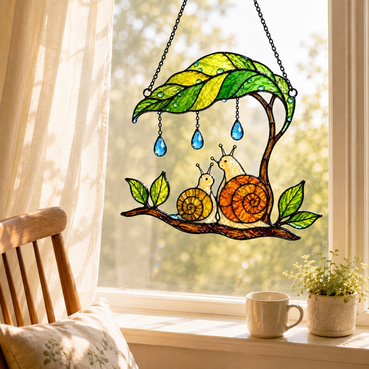 Mama & Baby Snail Leaf Umbrella Holographic Acrylic Suncatcher