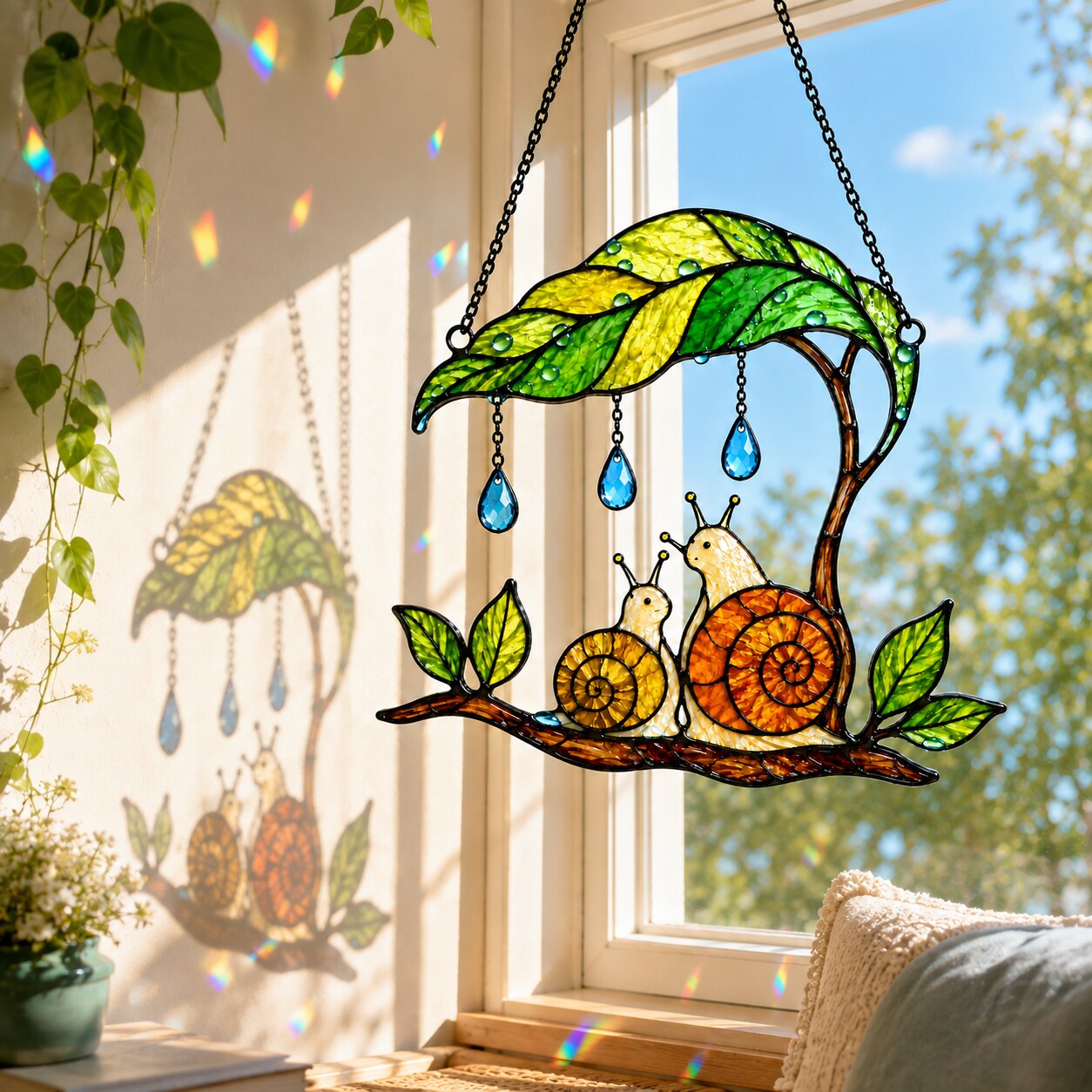 Mama & Baby Snail Leaf Umbrella Holographic Acrylic Suncatcher