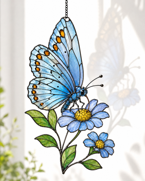 Blue Butterfly & Daisy Holographic Acrylic Suncatcher