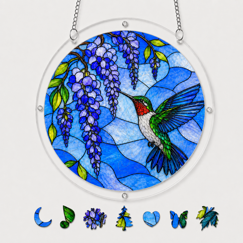 Blue Wisteria Hummingbird Acrylic Puzzle Suncatcher