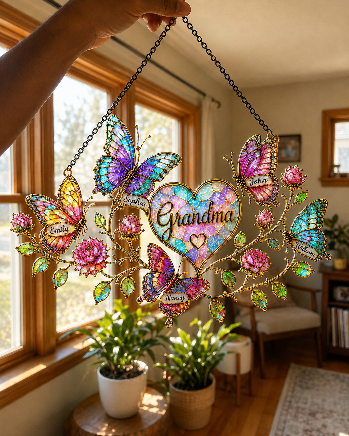 Personalized Grandma Butterfly & Heart Holographic Acrylic Suncatcher