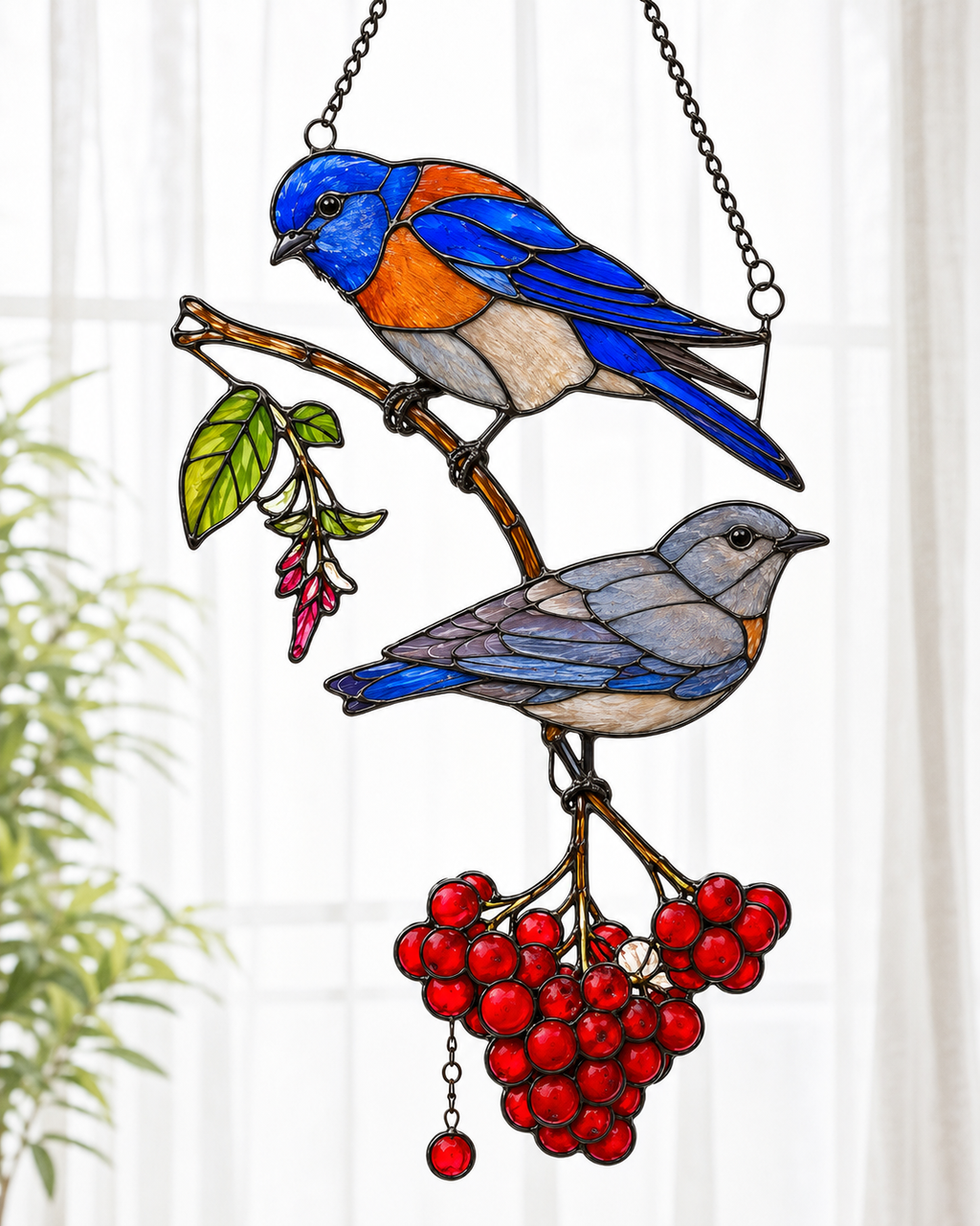 Bluebird Pair & Berries Holographic Acrylic Suncatcher