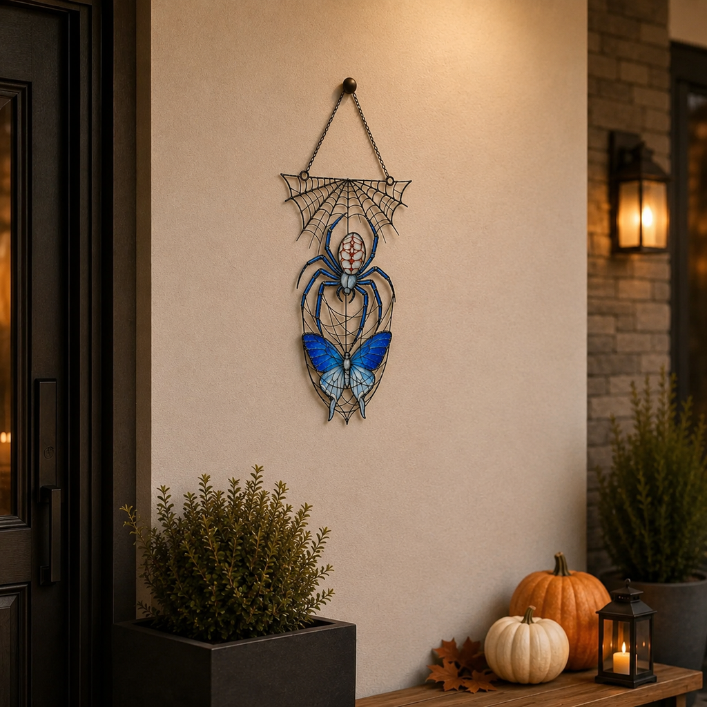 Blue Spider on Web Holographic Acrylic Suncatcher