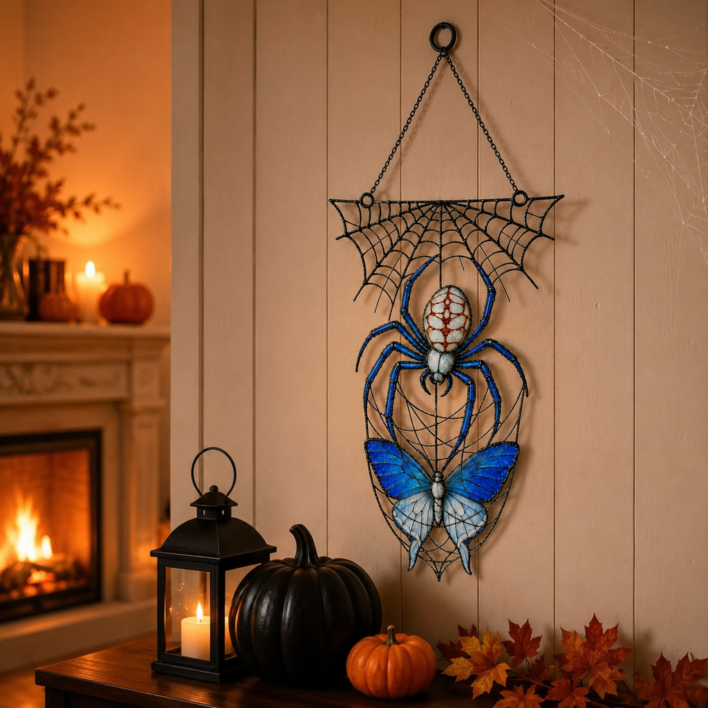 Blue Spider on Web Holographic Acrylic Suncatcher