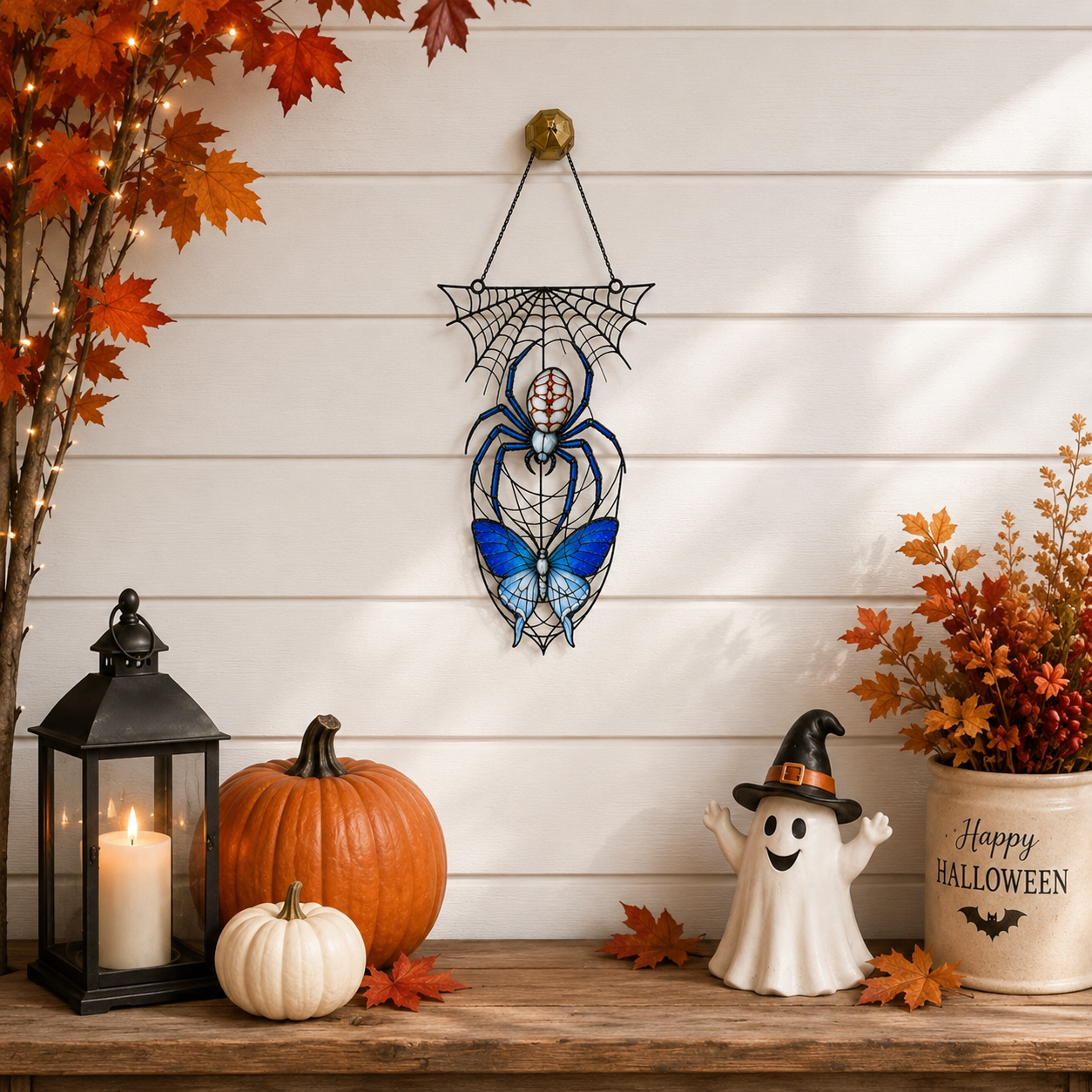 Blue Spider on Web Holographic Acrylic Suncatcher