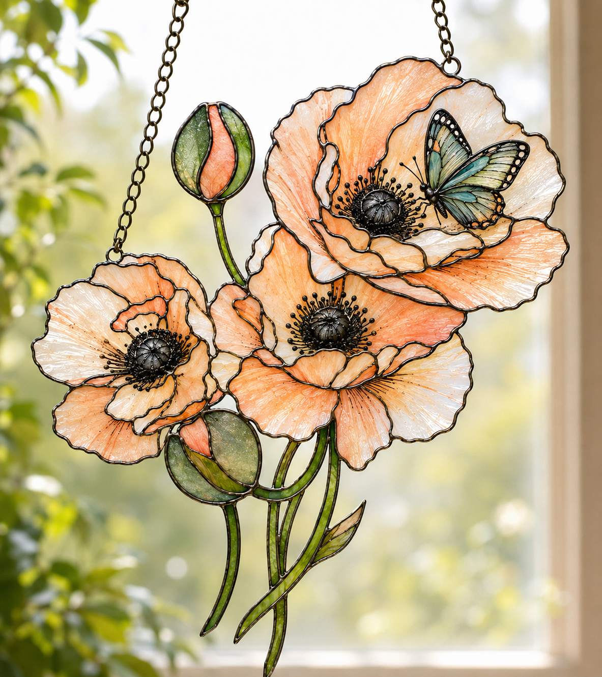 Peach Poppies & Butterfly Holographic Acrylic Suncatcher
