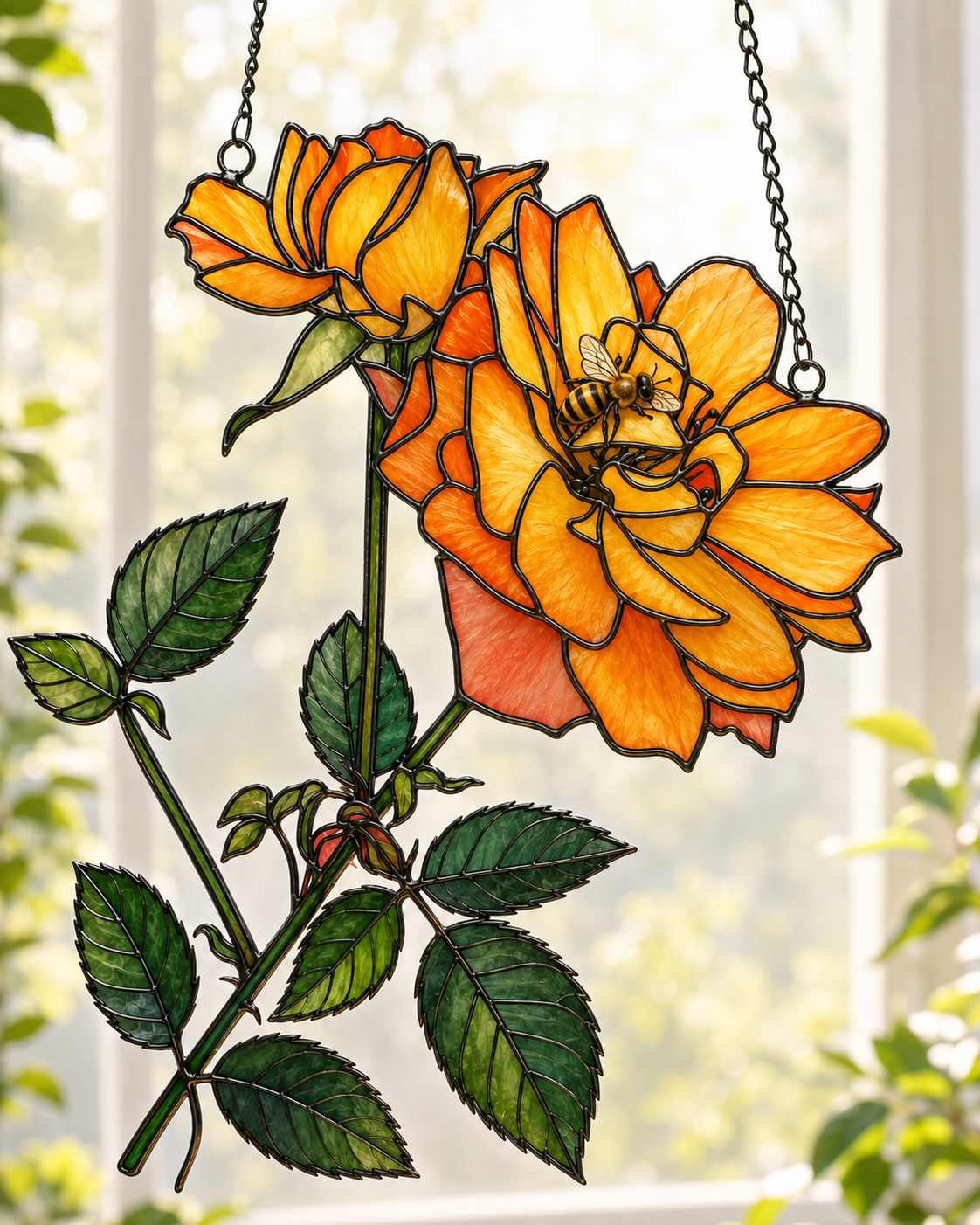 Yellow Rose & Bee Holographic Acrylic Suncatcher