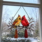 Cardinal Couple Snowy Branch Holographic Acrylic Suncatcher