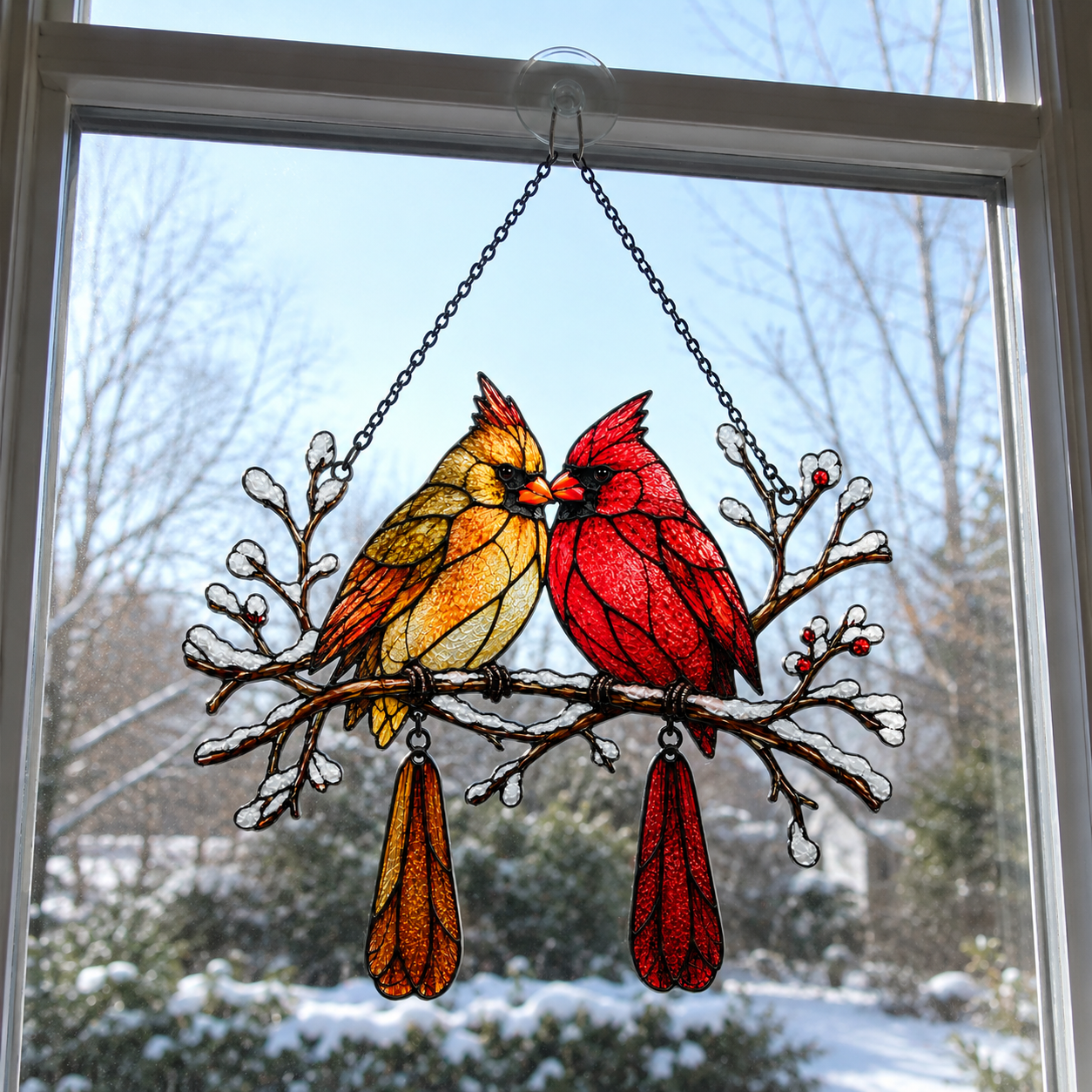 Cardinal Couple Snowy Branch Holographic Acrylic Suncatcher