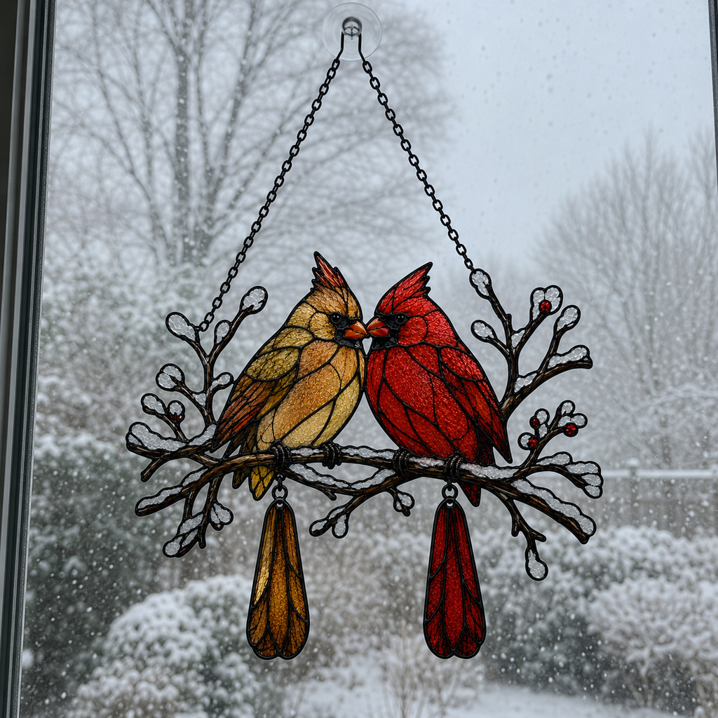 Cardinal Couple Snowy Branch Holographic Acrylic Suncatcher