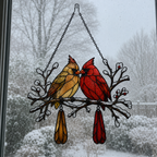 Cardinal Couple Snowy Branch Holographic Acrylic Suncatcher
