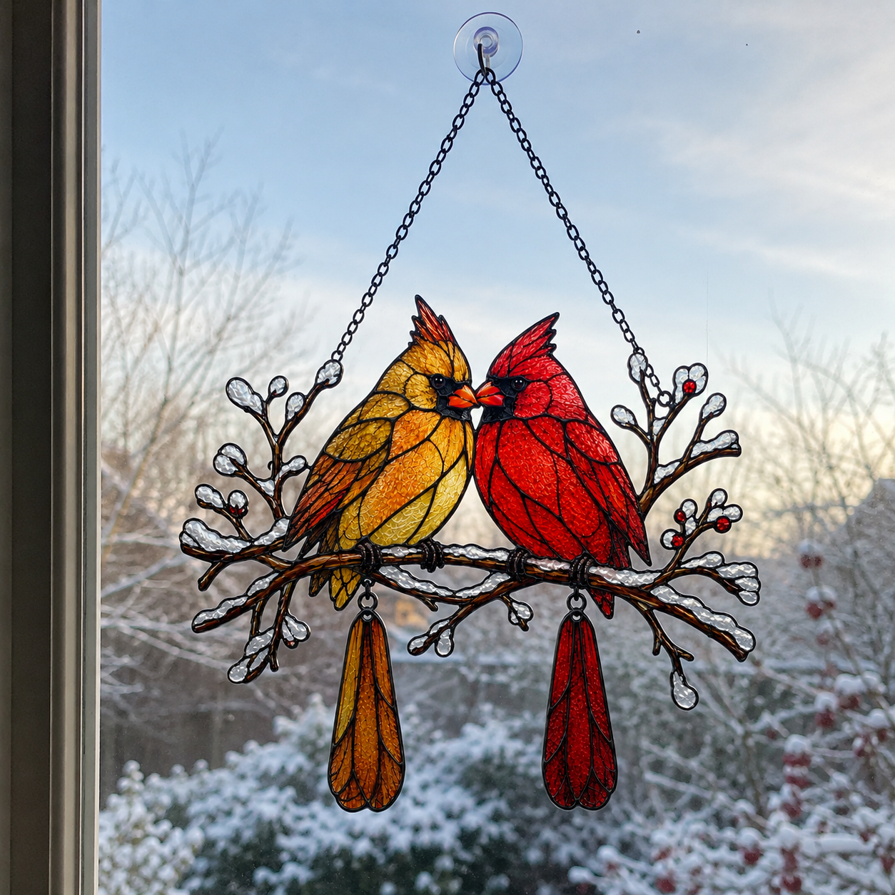 Cardinal Couple Snowy Branch Holographic Acrylic Suncatcher