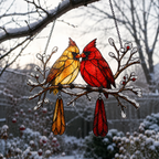 Cardinal Couple Snowy Branch Holographic Acrylic Suncatcher