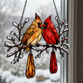 Cardinal Couple Snowy Branch Holographic Acrylic Suncatcher