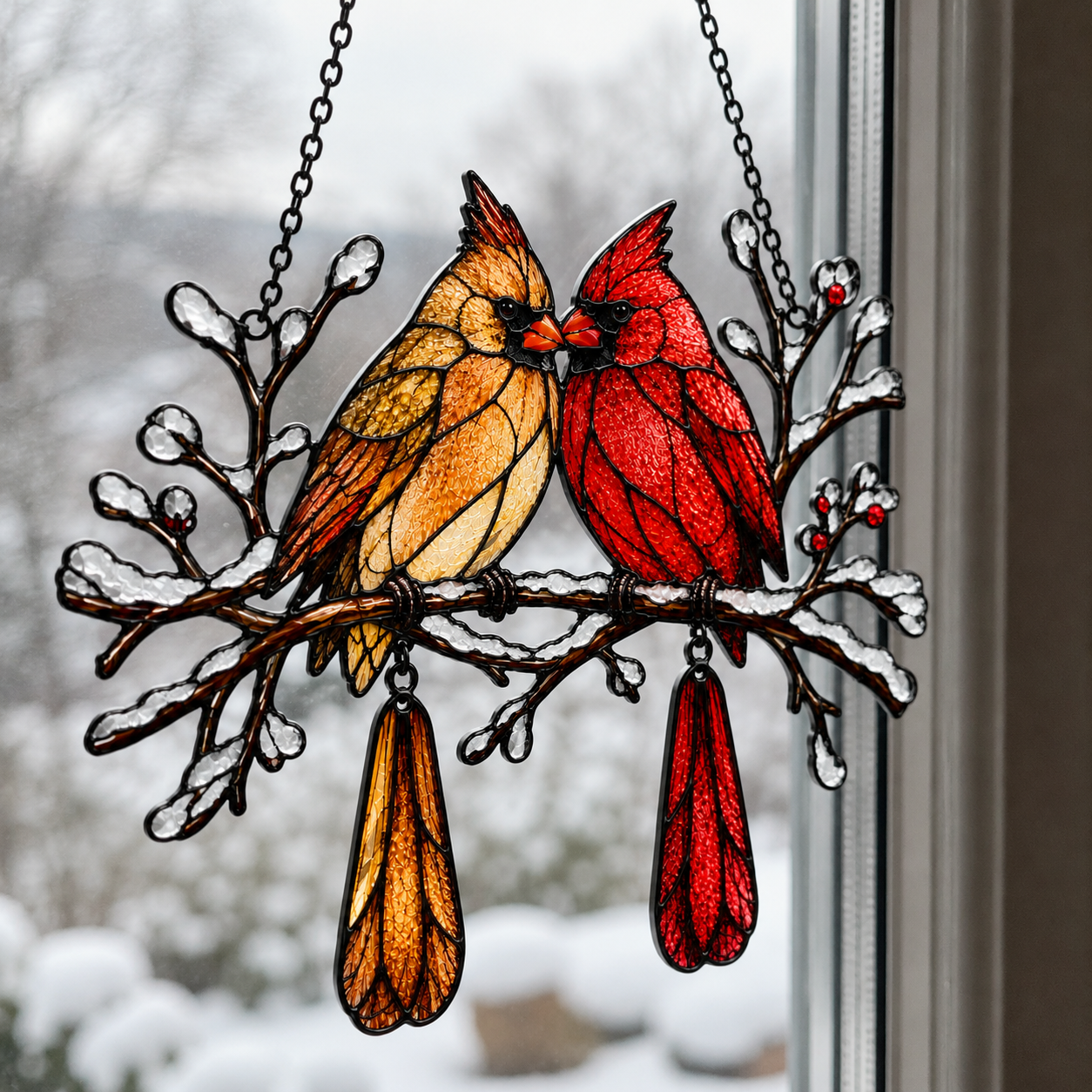 Cardinal Couple Snowy Branch Holographic Acrylic Suncatcher