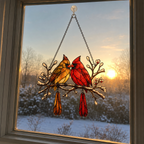 Cardinal Couple Snowy Branch Holographic Acrylic Suncatcher