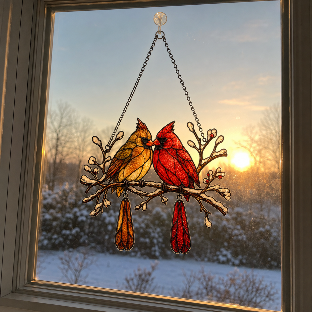 Cardinal Couple Snowy Branch Holographic Acrylic Suncatcher