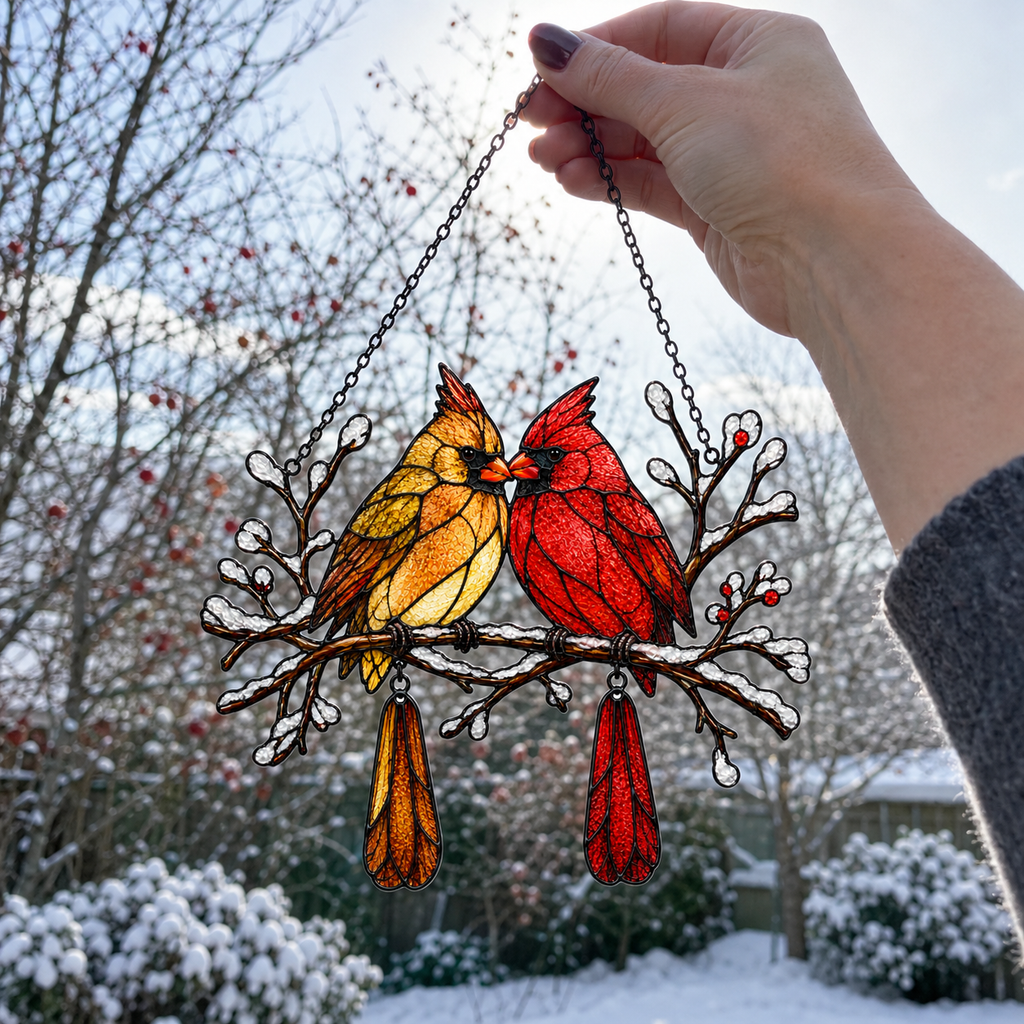 Cardinal Couple Snowy Branch Holographic Acrylic Suncatcher