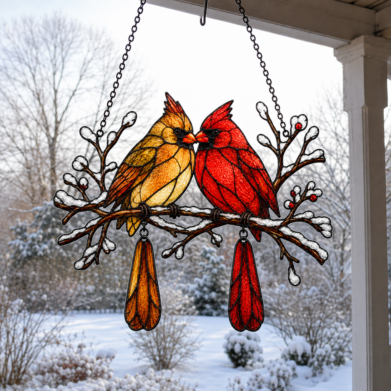 Cardinal Couple Snowy Branch Holographic Acrylic Suncatcher
