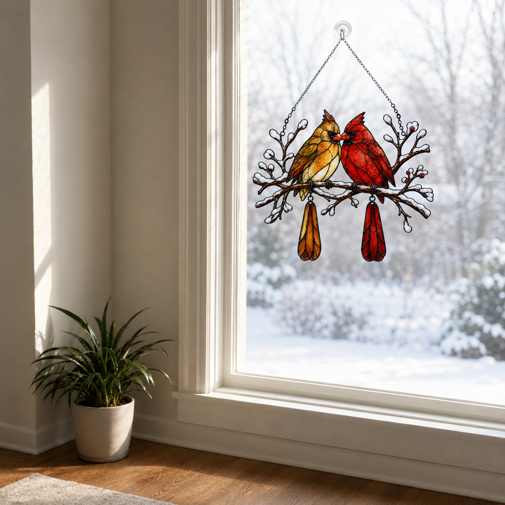 Cardinal Couple Snowy Branch Holographic Acrylic Suncatcher