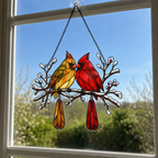 Cardinal Couple Snowy Branch Holographic Acrylic Suncatcher