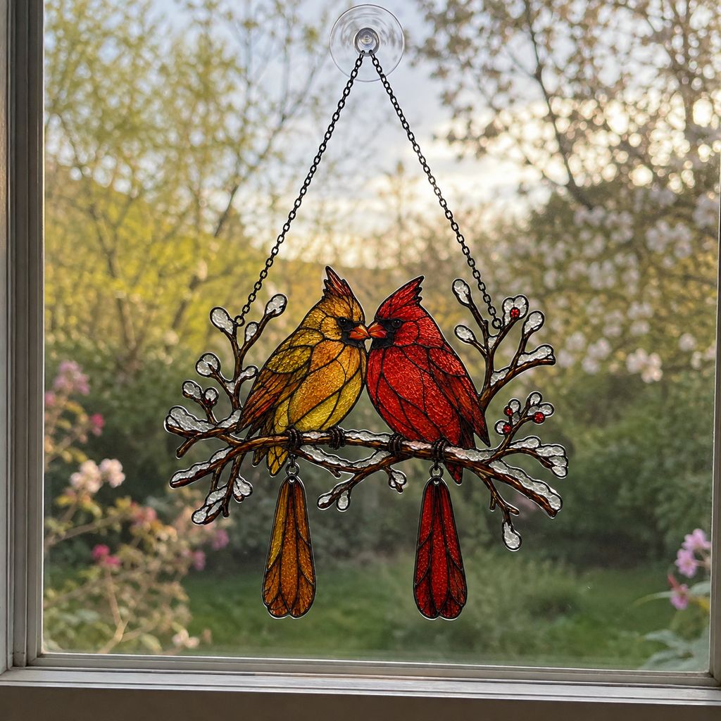 Cardinal Couple Snowy Branch Holographic Acrylic Suncatcher