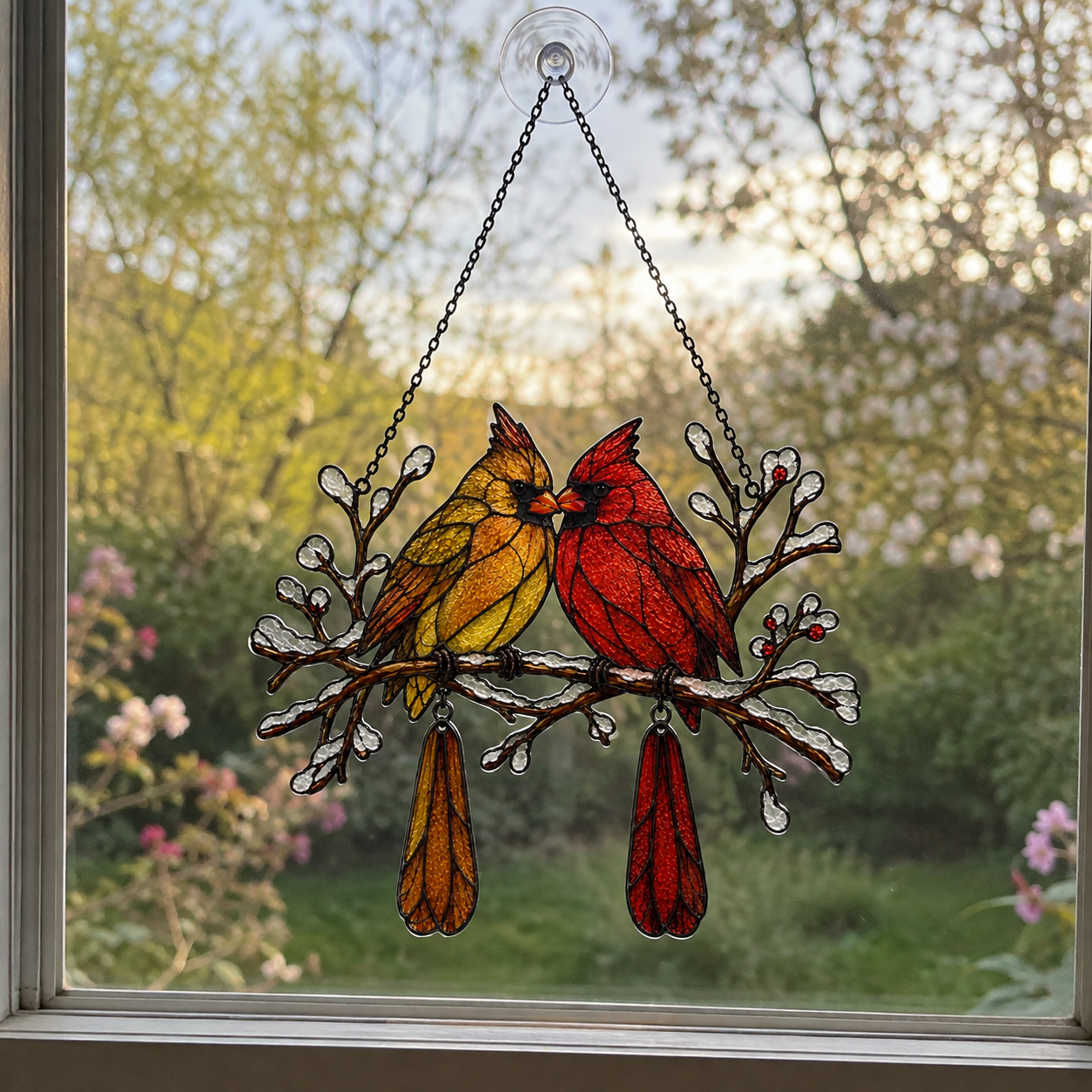 Cardinal Couple Snowy Branch Holographic Acrylic Suncatcher