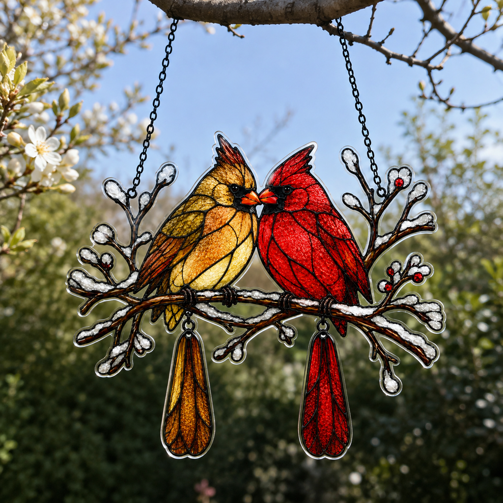 Cardinal Couple Snowy Branch Holographic Acrylic Suncatcher